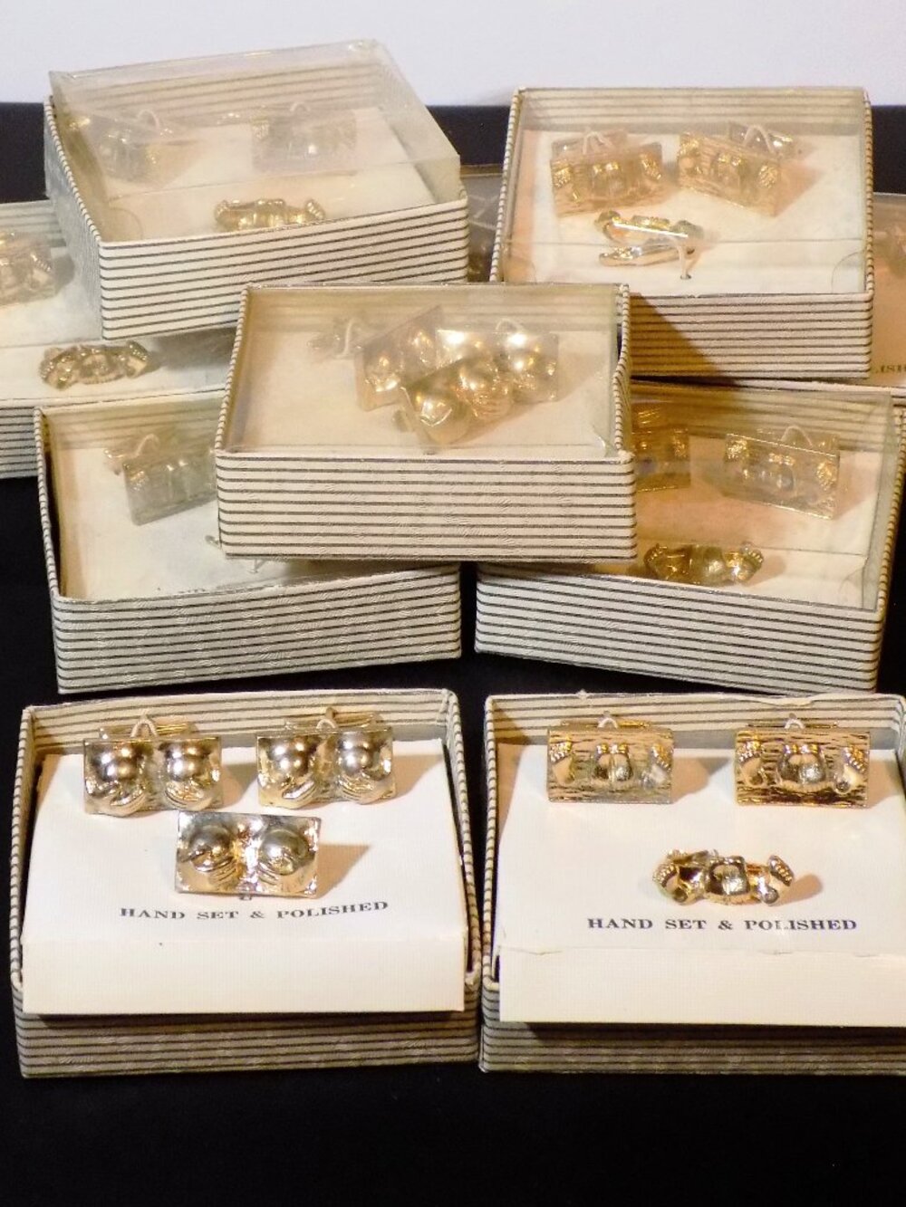 Lot 10 Vintage 1960s Risque Cufflinks & Tie Clip Sets. Happy Hands, Happy Feet